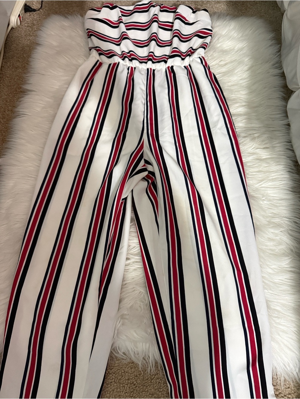 Express Women's White Strapless Wide-Leg Jumpsuit with Red & Black Stripes